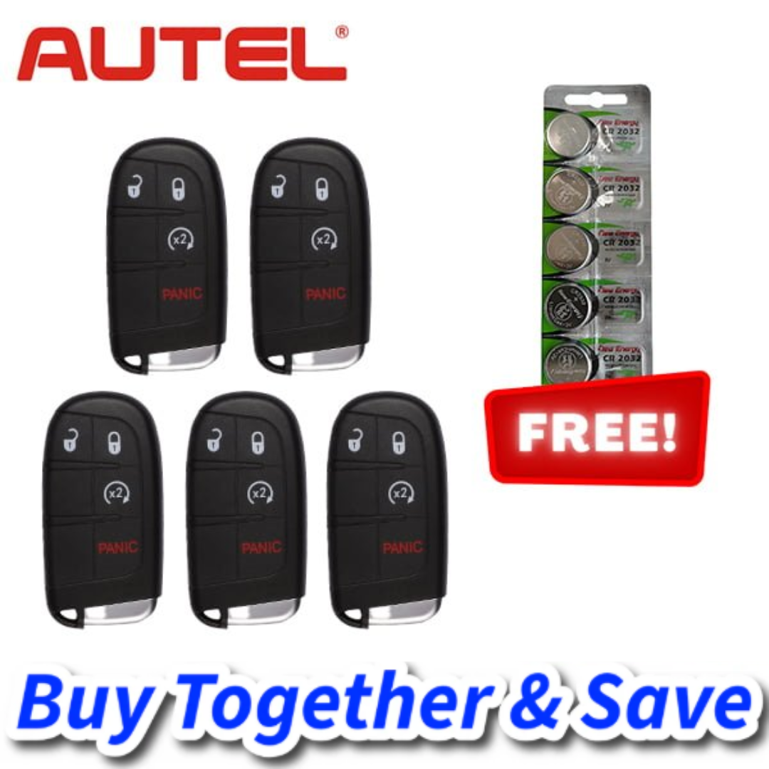 Autel Bundle of 5 + FREE CR2032 Batteries / MAXIIM IKEY Chrysler / Dodge Style / 4-Button Universal Smart Key / Premium Style (IKEYCR4PR)