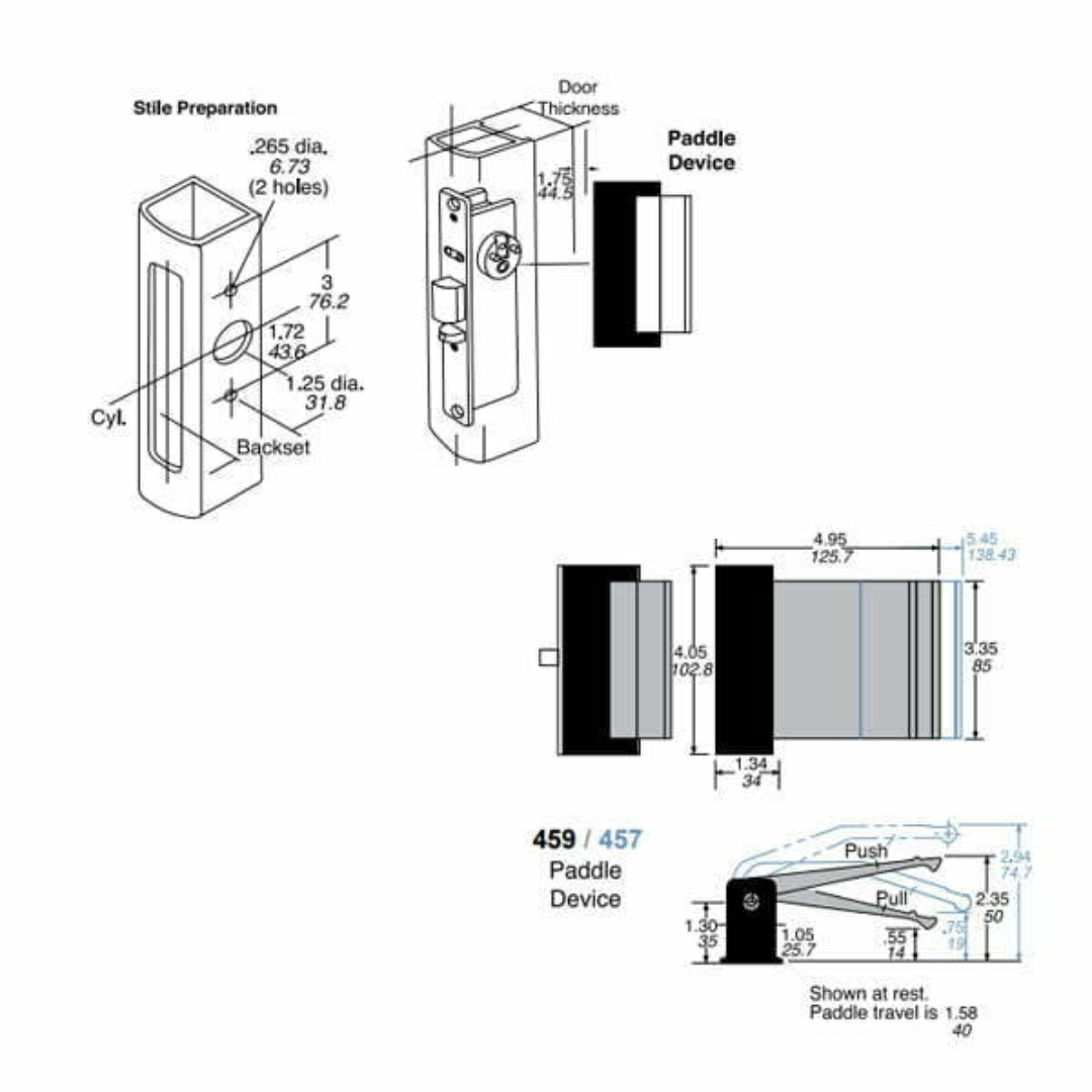 ILCO – 457 Series Storefront Paddle – Push to Right – Finish: Clear / Dark Bronze / Black
