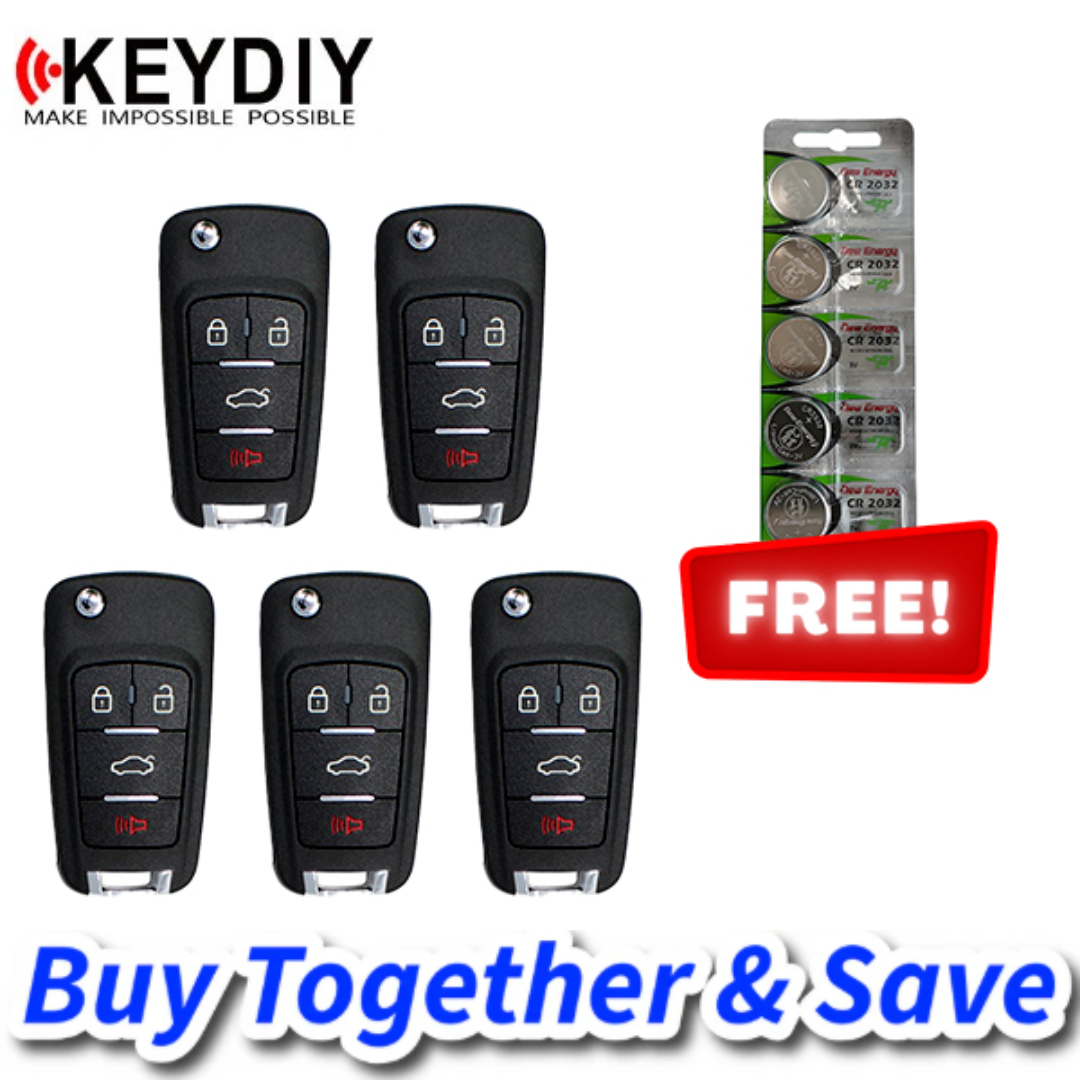 KEYDIY Bundle of 5 + FREE CR2032 Batteries – KEYDIY – GM Style / 4-Button Universal Flip Key Remote w/ Integrated Chip (KD-NB18)