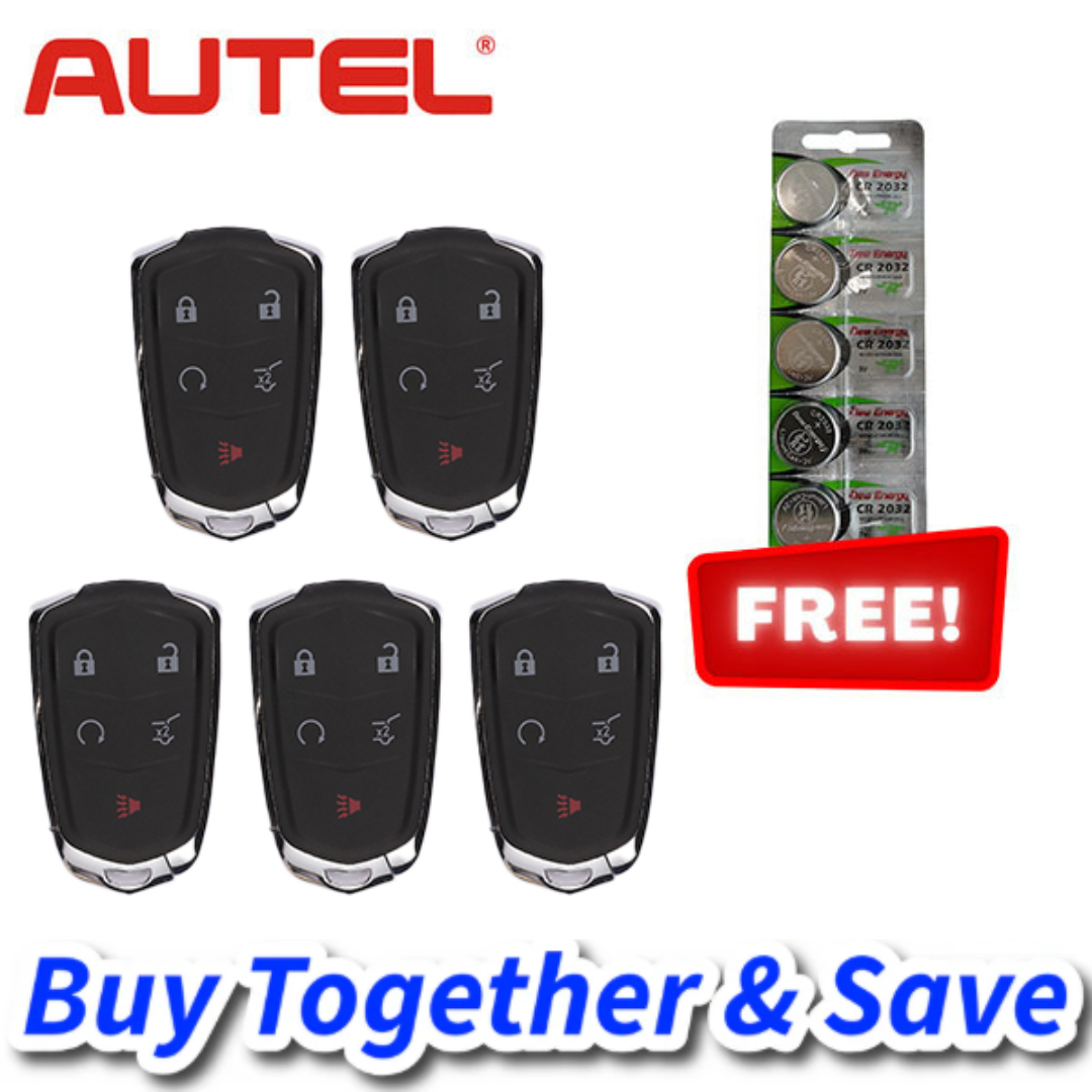 Bundle of 5 + FREE CR2032 Batteries / Autel – MAXIIM IKEY GM Style / 5 Button Universal Smart Key / Premium Style (IKEYGM5TPR)