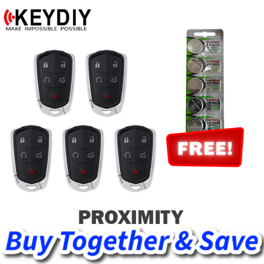 KEYDIY Bundle of 5 + FREE CR2032 Batteries – Cadillac Style / 5-Button Universal Smart Key (KD-ZB05-5)