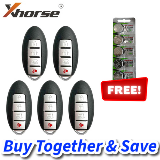 Xhorse Bundle of 5 + FREE CR2032 Batteries / Xhorse – Nissan Style 4-Button Universal Smart Key w/ Proximity Function for VVDI Key Tool / XSNIS2EN