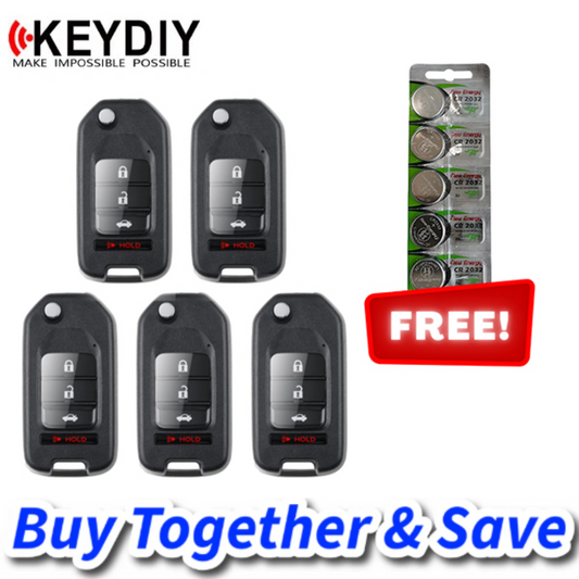 KEYDIY Bundle of 5 + FREE CR2032 Batteries – Honda Style / 4-Button Universal Flip Key Blank w/ Integrated Chip (KD-NB10-4)